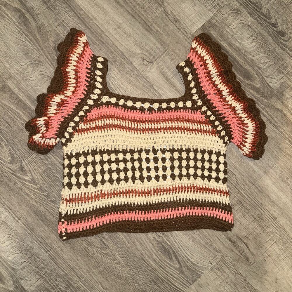 Jacquie The Label Women’s S Crochet Top Brown Pink Cream Boho Bell Sleeve NWT